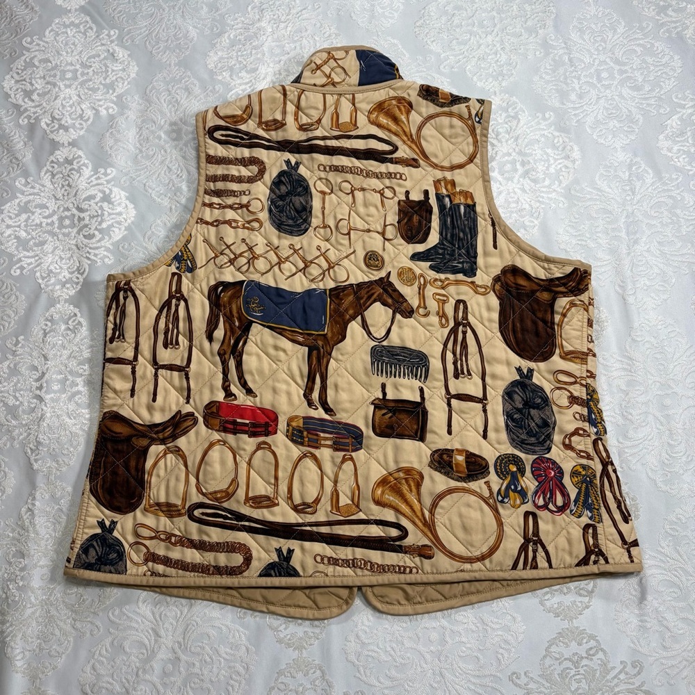 Ralph Lauren Silk Blend Equestrian Print Quilted Vest Reversible Beige Size 1X - Picture 4 of 13